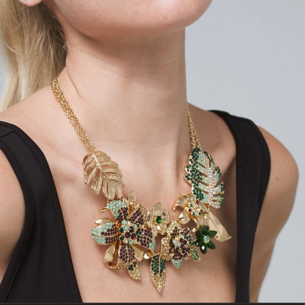 WHBM JEWELED TROPICAL FLOWER BIB NECKLACE